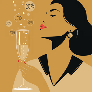 Illustration of a woman with black hair and red nails sipping prosecco, with floating bubbles around her, each labeled with a different year.