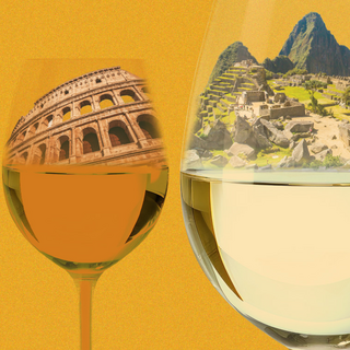 Illustration showing different landmarks inside wine glasses to represent terroir in a glass.