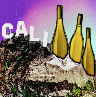 Illustration of the white Hollywood-style sign reading ‘California,’ with several unlabeled wine bottles beside it under a purplish sky.