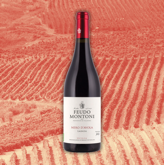 Duotone photo of Feudo Montoni’s vineyard with a bottle of Nero d’Avola Lagnusa Sicilia DOC at the center