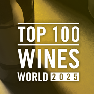 Yellow-to-dark gradient background with text overlay reading “Top 100 Wines of the World 2025.”