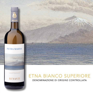 A bottle of Benanti Pietra Marina sits on the left side of the image. The bottle label fills the background, featuring a drawing of Mount Etna.