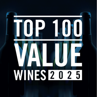 Graphic showing blue-shadowed, nondescript bottles with a text overlay reading 'Top 100 Value Wines 2025'.