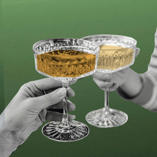 Two hands hold and clink vintage-style coupe glasses filled with golden wine, set against a solid green background; the hands and glasses appear in black and white, with only the wine highlighted in color.