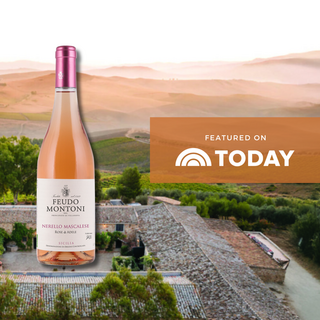 A graphic showing an aerial view of Feudo Montoni’s estate in Sicily at sunset. On the left, a floating bottle of Nerello Mascalese Rosé di Adele Sicilia DOC. On the right, a semi-translucent orange box reading “Featured on” alongside The Today Show logo, indicating the wine was featured on the show.