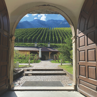 View through an arched doorway to lush, high-elevation vineyards in Alto Adige.