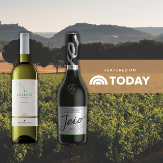 A graphic featuring a bottle of Celeste Verdejo (left) and a bottle of Jeio Valdobbiadene Prosecco Superiore DOCG (right) against a vineyard landscape. A tan banner on the right side reads “FEATURED ON TODAY” alongside the TODAY show logo.