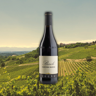 Cogno Vineyards landscape with an overlaid bottle of Cogno Cascina Nuova Barolo DOCG.