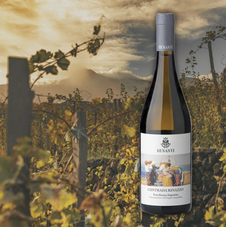 Benanti Contrada Rinazzo Etna Bianco Superiore bottle overlaid on a view of an Etna vineyard.