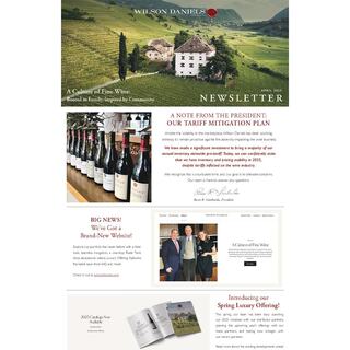 A snapshot of Wilson Daniels' April newsletter, which includes info about their brand-new website and a note from President Rocco Lombardo about their tariff mitigation plan.