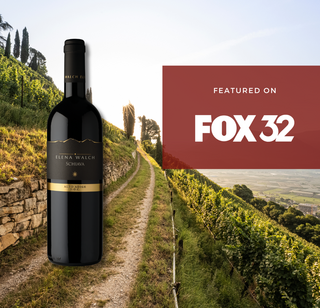 A graphic showcasing Elena Walch’s Schiava on the left, with a semi-translucent red box on the right containing the text “Featured on FOX 32.”