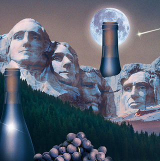 Graphic of U.S. Presidents’ faces on Mount Rushmore with an enlarged cluster of grapes and shooting stars in the background.