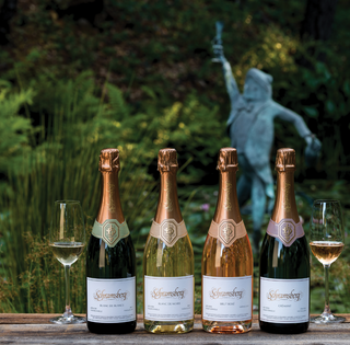A table display featuring a lineup of Schramsberg’s sparkling wines, with several bottles arranged side by side, including the Brut Rosé and Blanc de Noirs. Each bottle is topped with gold foil wrapping the neck and cap, and adorned with the Schramsberg logo in an elegant script font on the label.